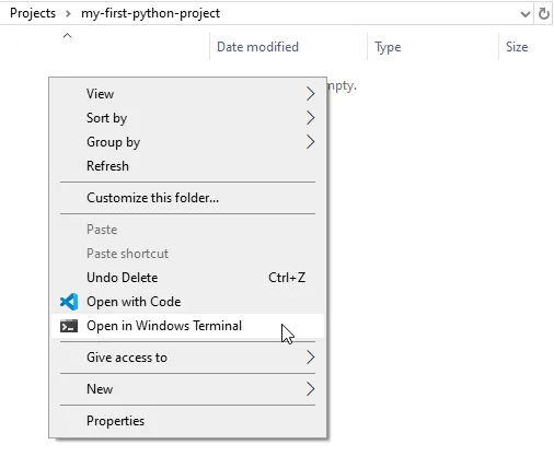 The open context menu with the Terminal option highlighted